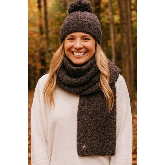 Barefoot Dreams Scarf  and Pom-Pom Beanie  Set Espresso Cocoa Cozy Chic New - Picture 1 of 5